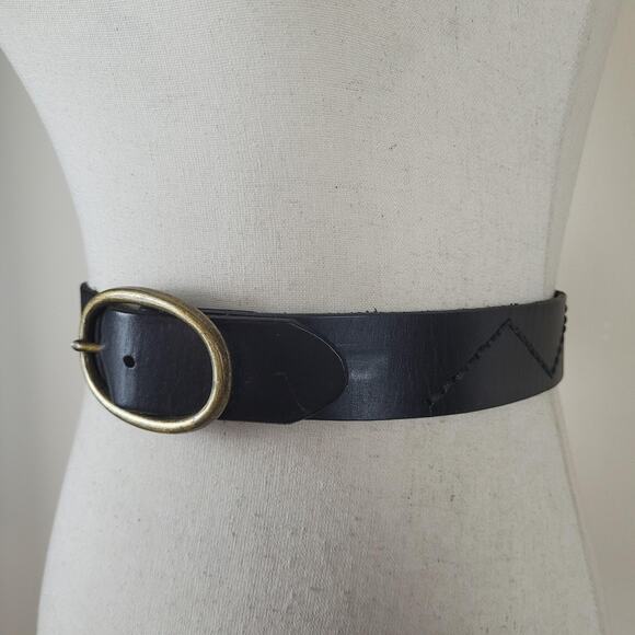 Black Leather Belt XL Oval Buckle Zig Zag Stitch Rustic Utility Utilitarian Boho main image 4